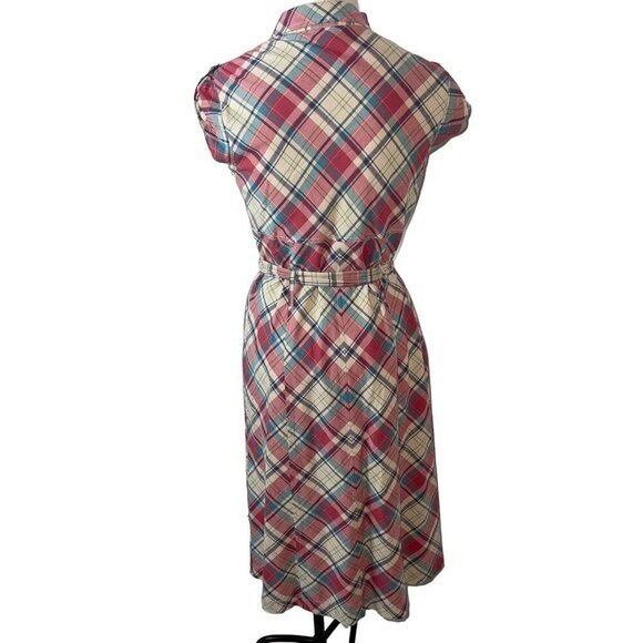 J Peterman Vintage Midi Dress Size 6 Pink Blue Cream Plaid Cotton Matching Belt - Picture 3 of 15